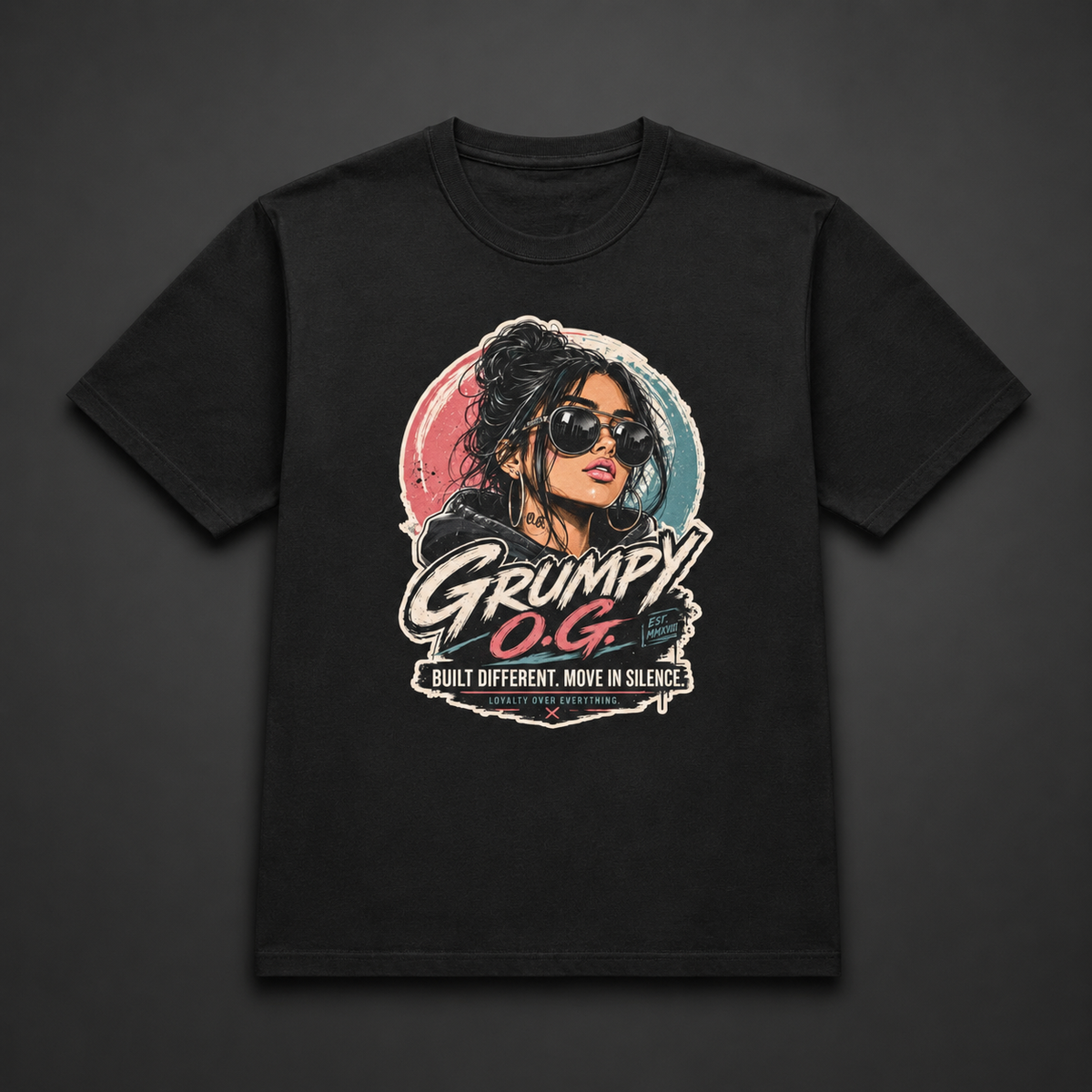 Black Beautiful Moves™ Tee featuring a bold illustrated woman with flowing retro-color hair, feminine streetwear styling and expressive front artwork.