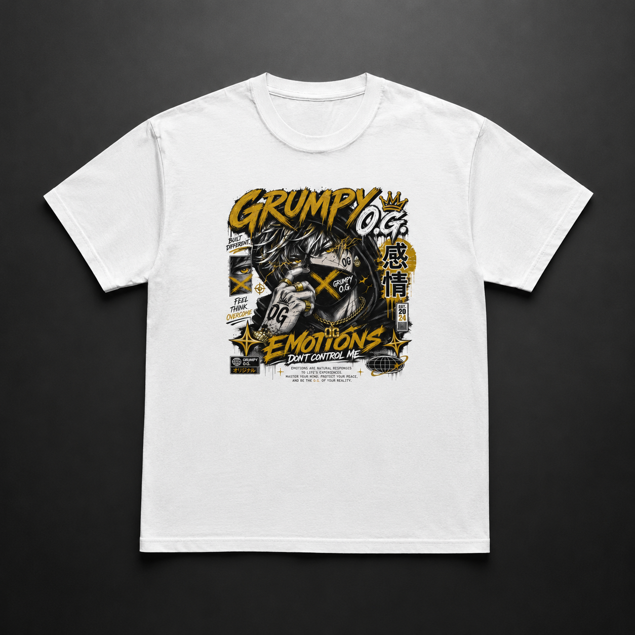 White Golden Control™ Tee featuring bold black, gold and gray anime-inspired artwork with control-themed messaging and premium streetwear details on the front.