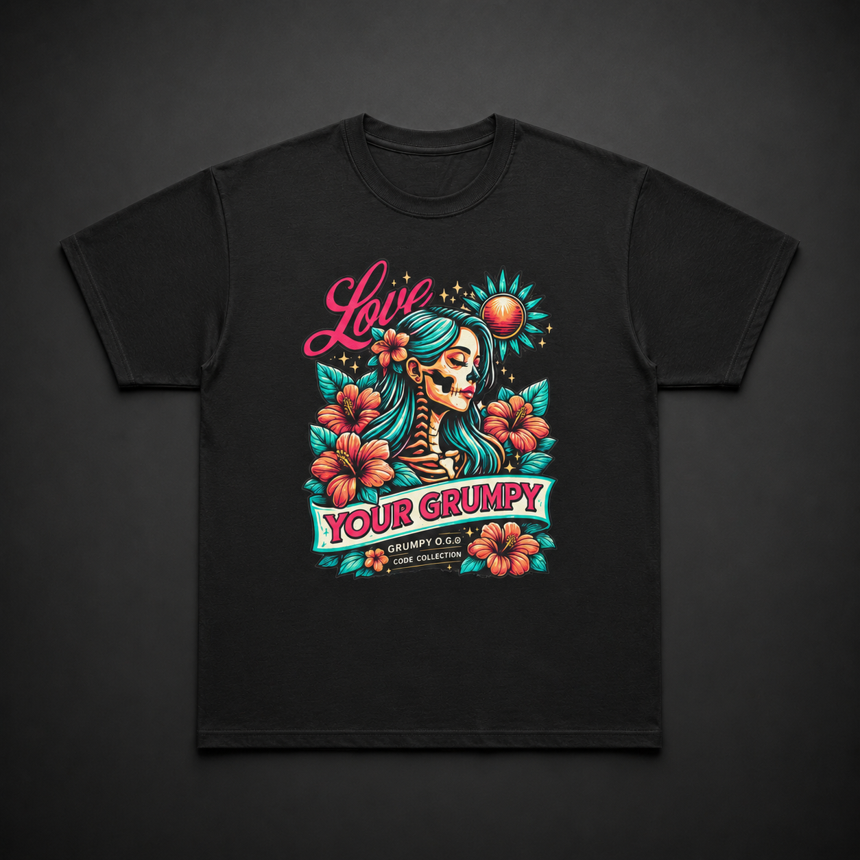 Black Grumpy Bloom™ Tee featuring a bold sugar-skull woman graphic with teal hair, pink flowers and colorful self-love streetwear artwork on the front.