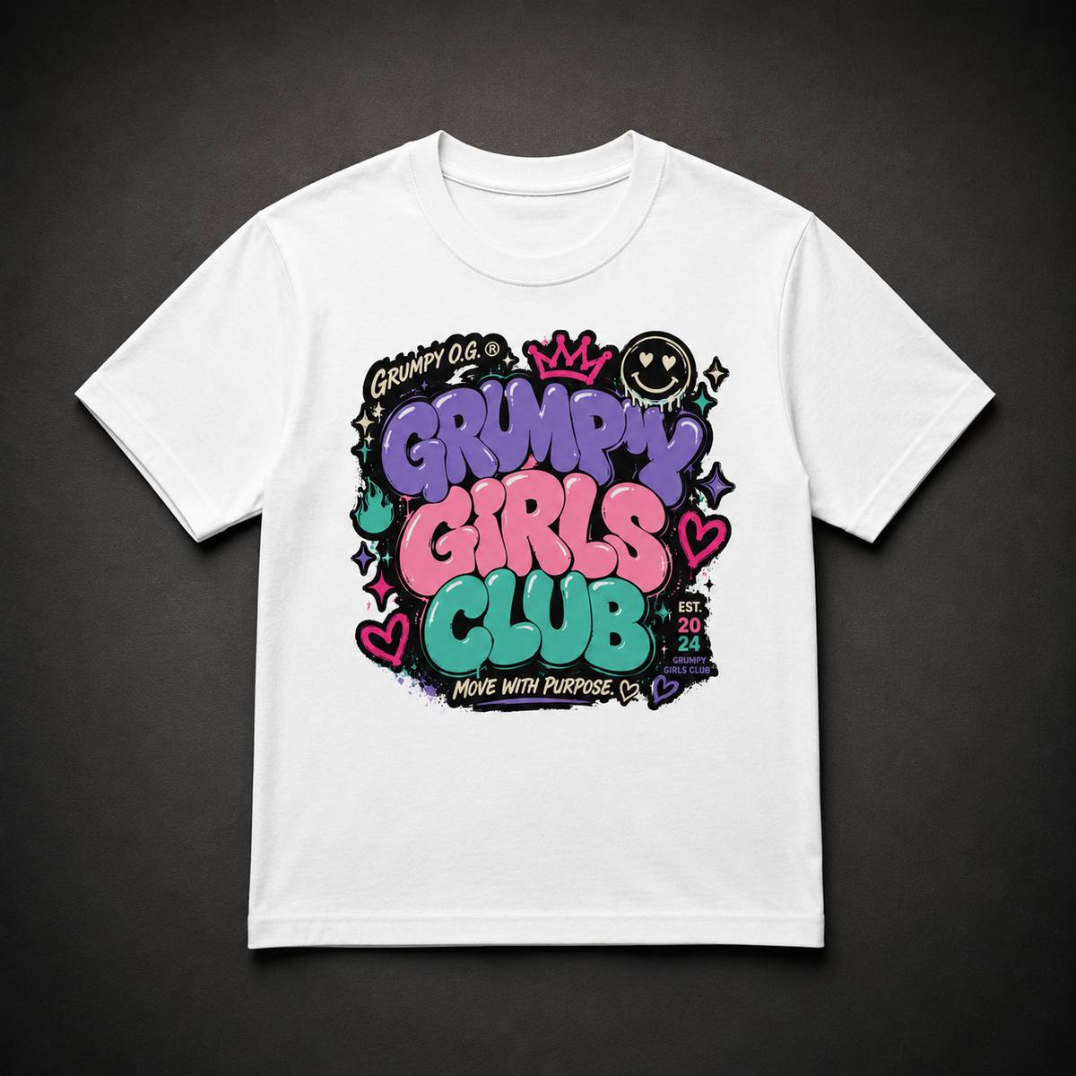 White Grumpy Girl Magic kids T-shirt with colorful purple, pink and teal bubble lettering, crowns, hearts, stars, flames and a smiling face.