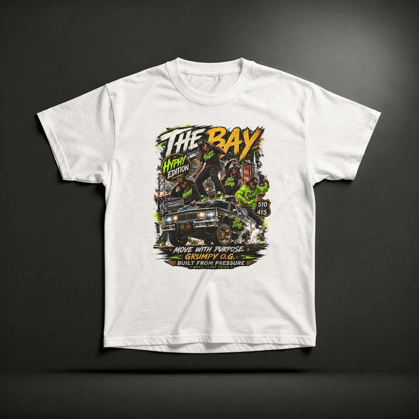 White Hyphy Bay™ Tee featuring a bold Bay Area graphic with 510 and 415 details, West Coast lettering and colorful streetwear artwork on the front.