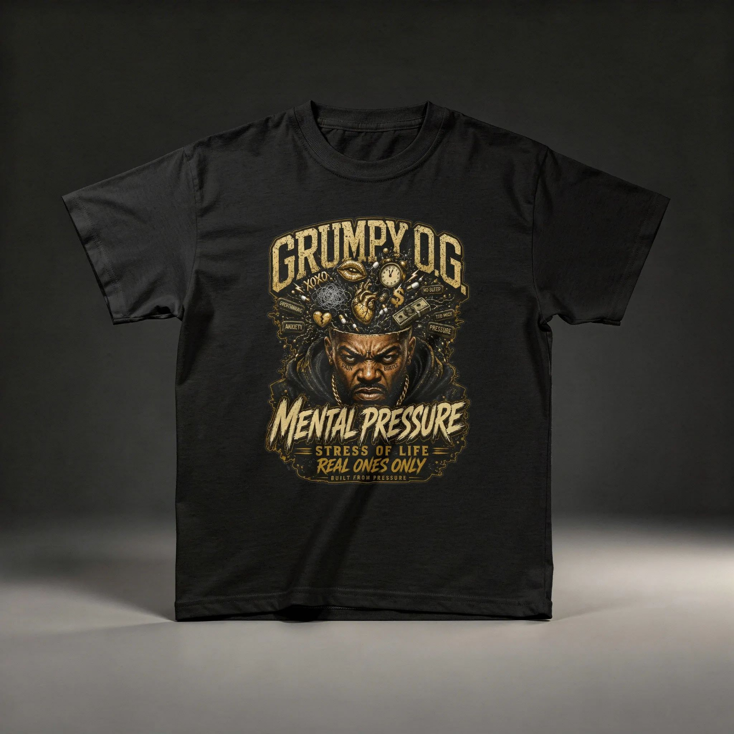 White Mind Under Pressure™ Tee featuring bold mental-strength typography with black and antique gold details, resilience messaging and premium streetwear artwork on the front.