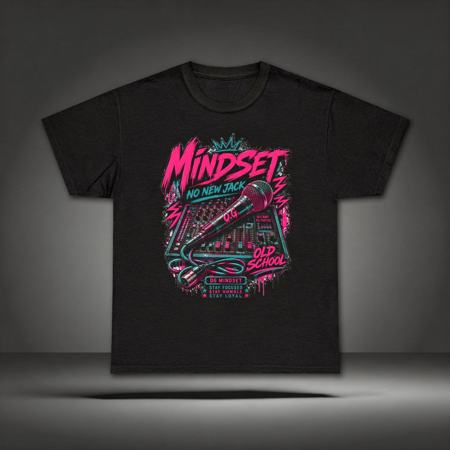 Black OG Mindset™ Tee featuring bold retro graffiti lettering with teal and hot pink highlights, old-school audio elements and premium streetwear artwork on the front.