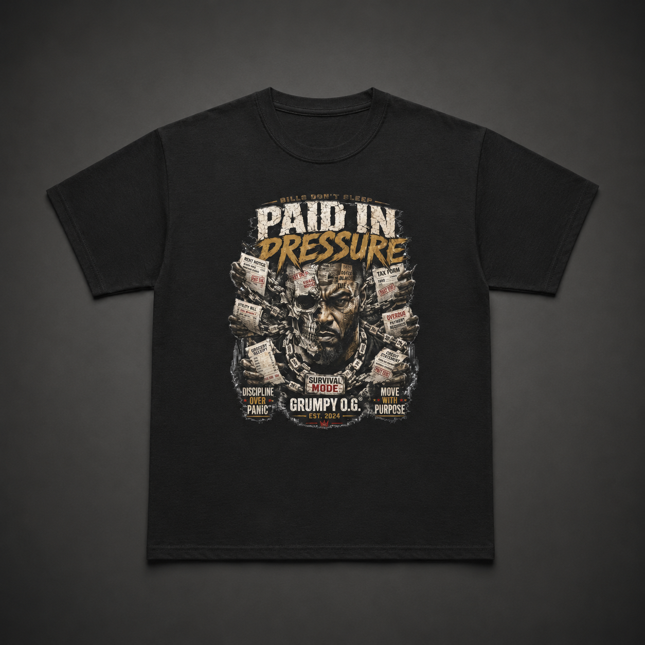 Black Quiet Cost™ Tee featuring a paid-in-pressure graphic with bills, taxes, survival imagery and dark streetwear artwork on the front.