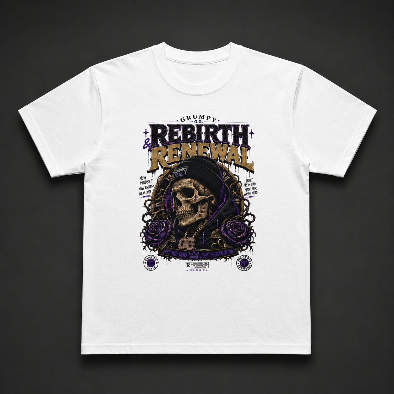 White Reborn Strong™ Tee featuring purple and gold transformation artwork with rebirth, renewal and personal-growth streetwear details on the front.