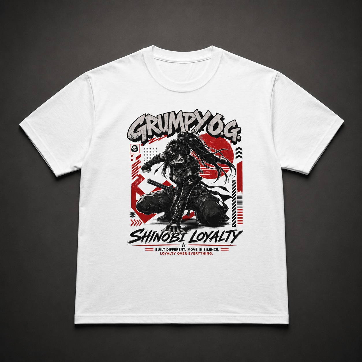 Shinobi Loyalty white tee featuring a masked warrior with a sword, red geometric artwork and Loyalty Over Everything message.