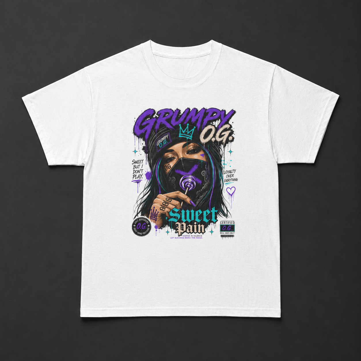 White Sweet Pain™ Tee featuring a purple, teal and black masked portrait graphic with bold lettering and women’s streetwear artwork on the front.