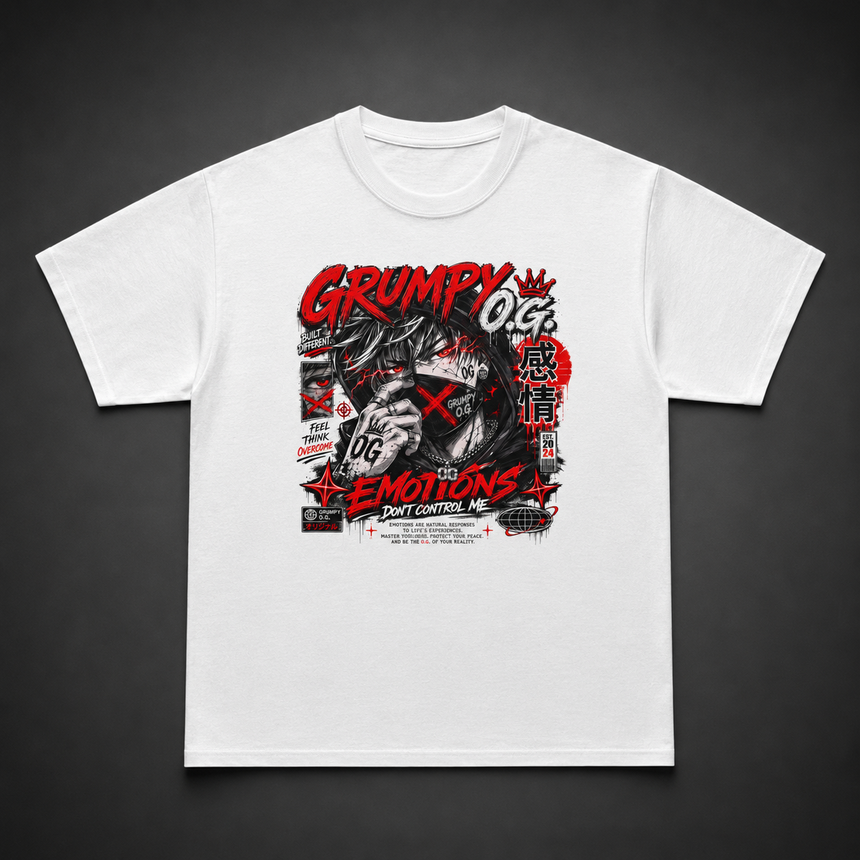 White Uncontrolled™ Tee featuring bold red, black and gray anime-style artwork with rebellious messaging and women’s streetwear details on the front.