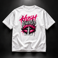 White Hush Energy™ crop top with pink and black Moves In Silence graphic by Grumpy O.G.®