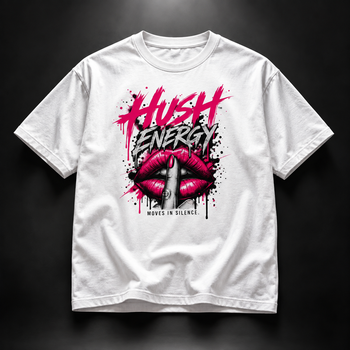 White Hush Energy™ crop top with pink and black Moves In Silence graphic by Grumpy O.G.®