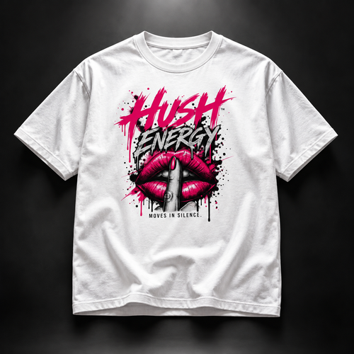 White Hush Energy™ crop top with pink and black Moves In Silence graphic by Grumpy O.G.®