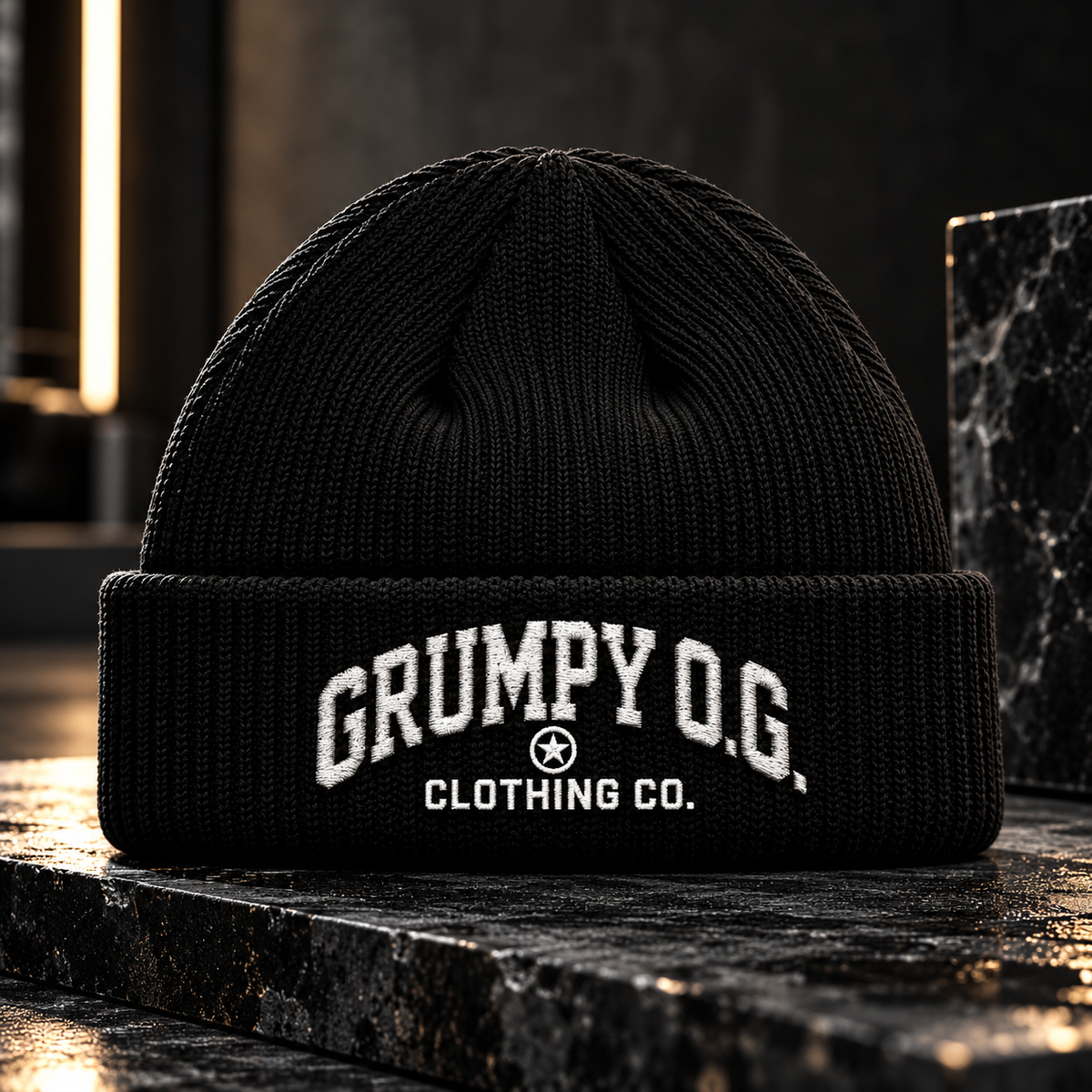 Front view of the Classic Black O.G. Standard Heritage Cuff Beanie featuring white embroidered arched GRUMPY O.G. lettering, a centered star emblem, and CLOTHING CO. text.