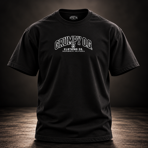 Black Grumpy O.G. Standard Tee with white collegiate chest lettering and signature star emblem.