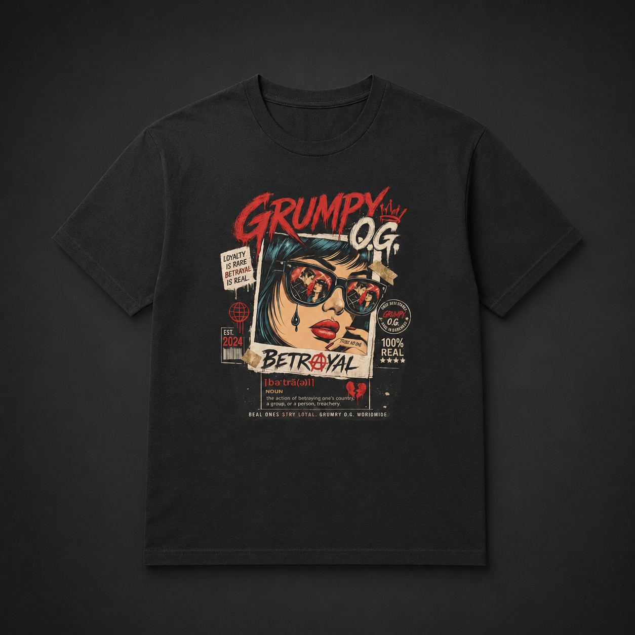 Black Betrayal Costs™ Tee featuring red, cream and charcoal loyalty artwork with bold betrayal messaging and premium streetwear details on the front.