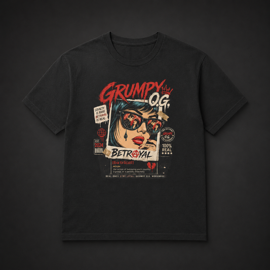Black Betrayal Costs™ Tee featuring red, cream and charcoal loyalty artwork with bold betrayal messaging and premium streetwear details on the front.