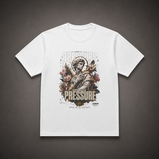 White Carved Resolve™ Tee featuring a pressure-built statue graphic with floral details, antique gold accents and The Code Collection styling on the front.