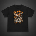 Black Code Breaker™ Tee featuring a grumpy cyber-kitty graphic with X-shaped eyes, graffiti lettering, orange paint effects and bold streetwear artwork on the front.