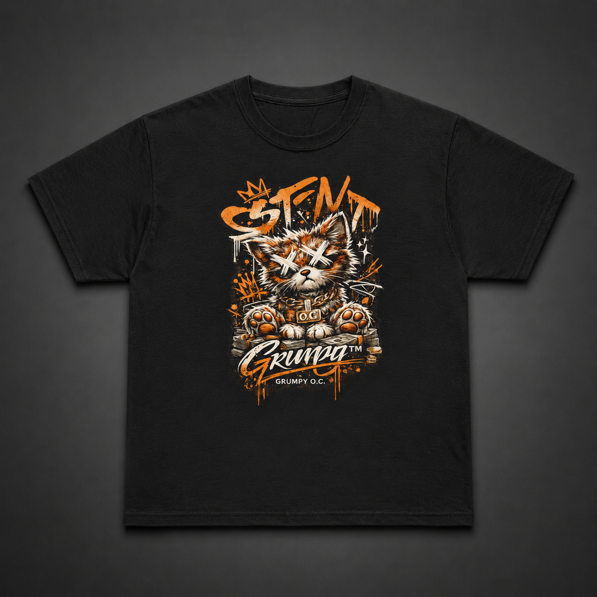 Black Code Breaker™ Tee featuring a grumpy cyber-kitty graphic with X-shaped eyes, graffiti lettering, orange paint effects and bold streetwear artwork on the front.