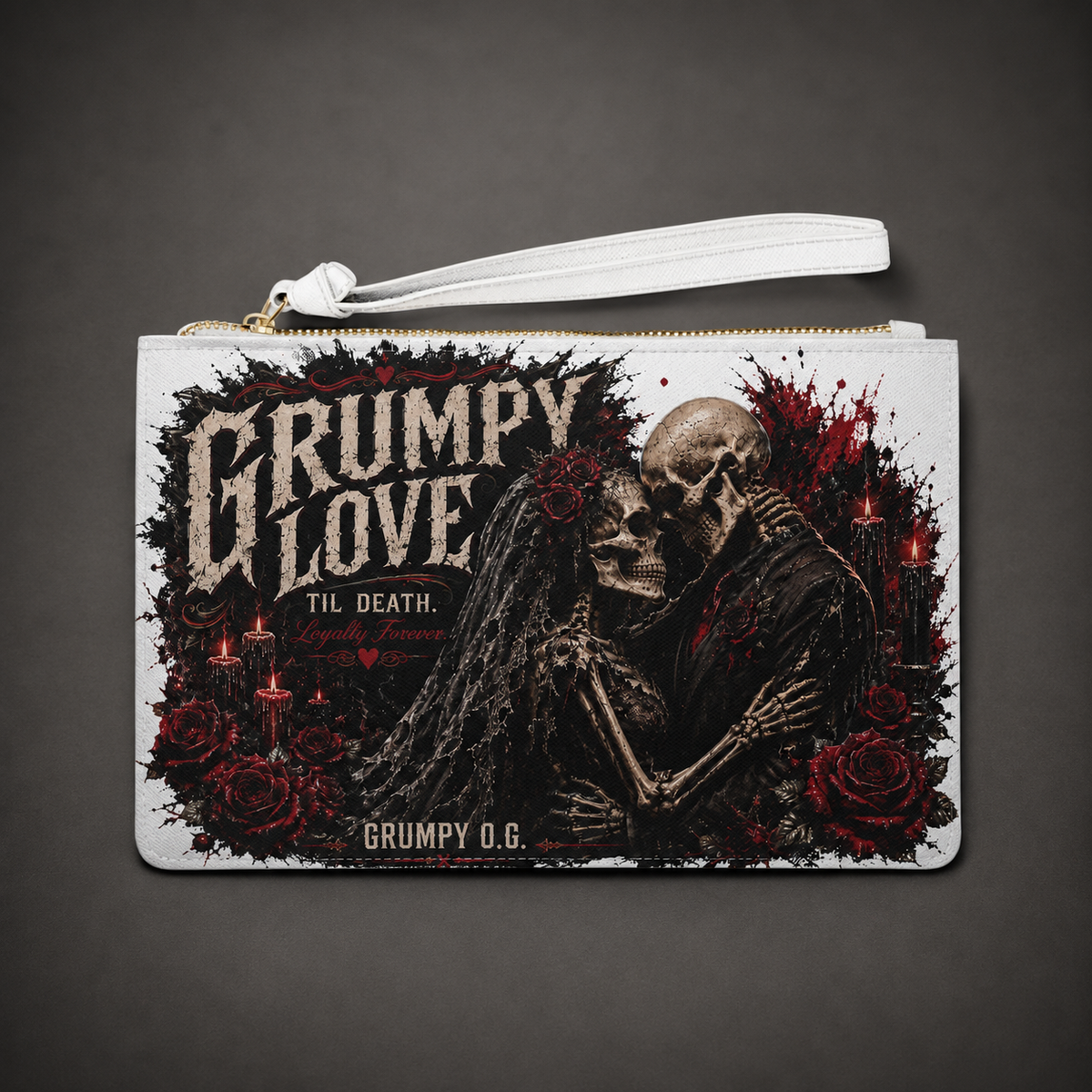 Dead Romance Grumpy Love clutch with skeleton lovers, red roses and burning candles