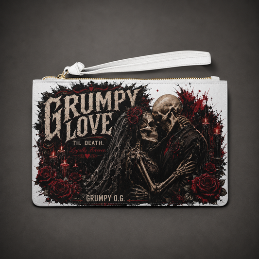 Dead Romance Grumpy Love clutch with skeleton lovers, red roses and burning candles
