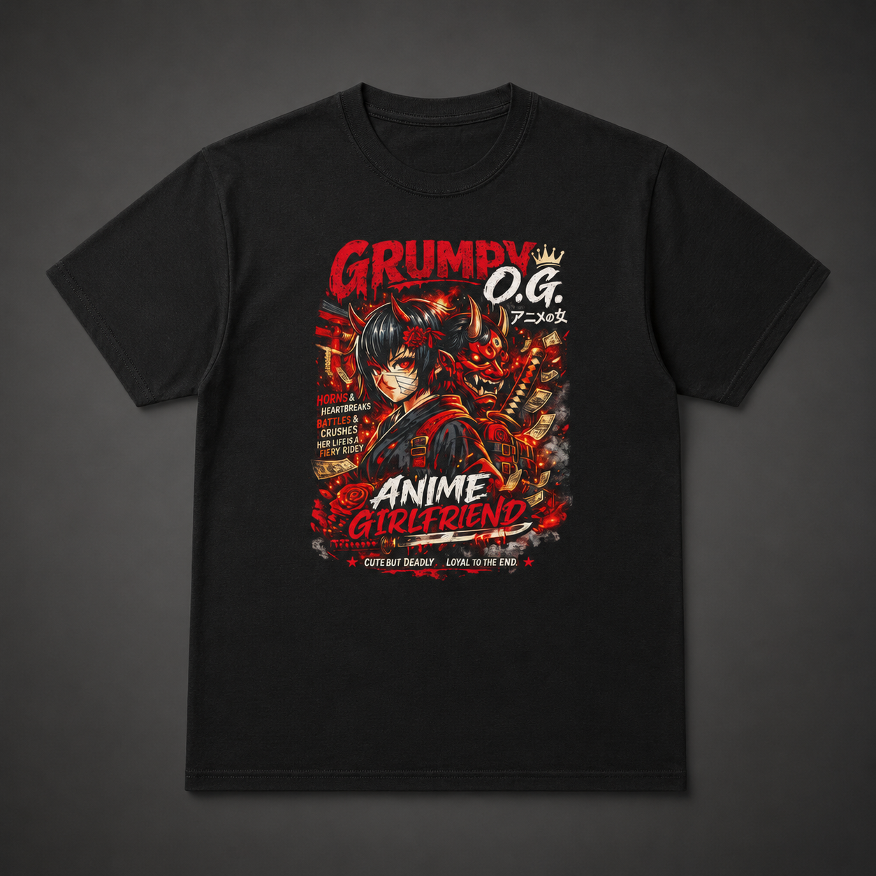 Black Fire Code™ Tee featuring a fiery anime-style woman graphic with red and gold accents, bold lettering and high-impact streetwear artwork on the front.