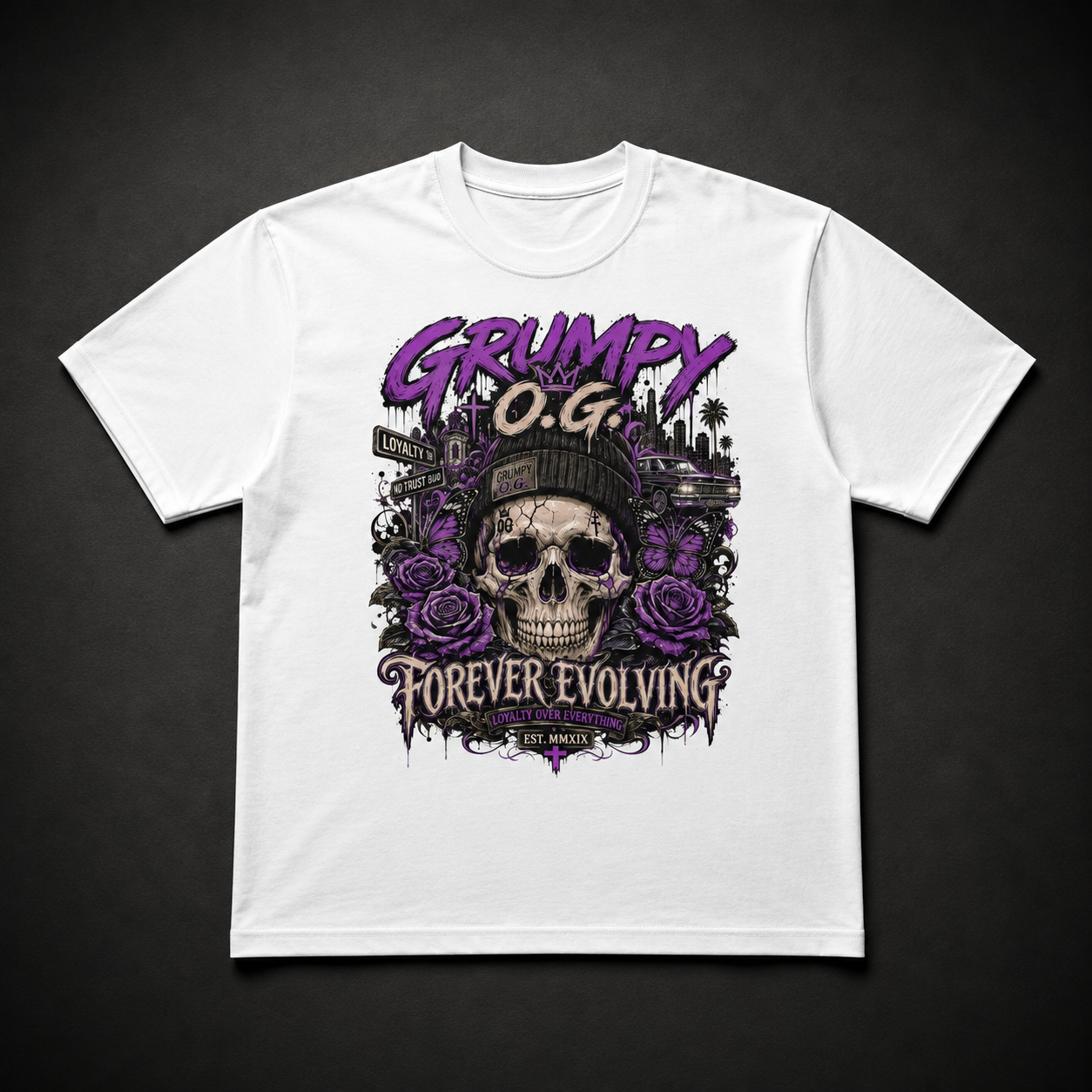 White Grumpy O.G. T-shirt featuring purple Forever Evolving artwork with a skull, branded beanie, roses, butterflies, street signs and palm trees.