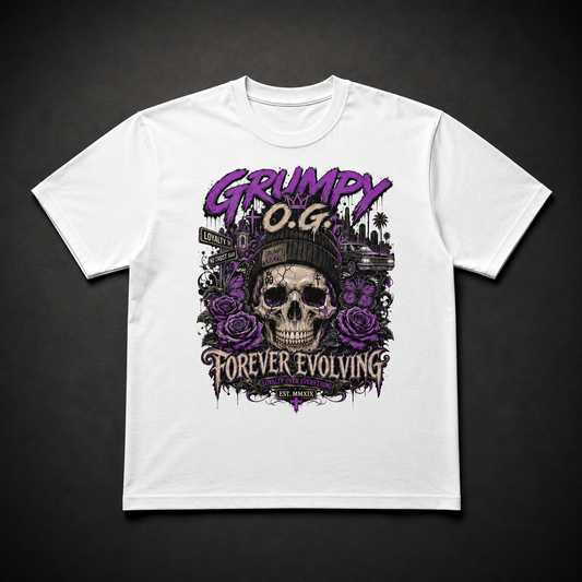 White Grumpy O.G. T-shirt featuring purple Forever Evolving artwork with a skull, branded beanie, roses, butterflies, street signs and palm trees.
