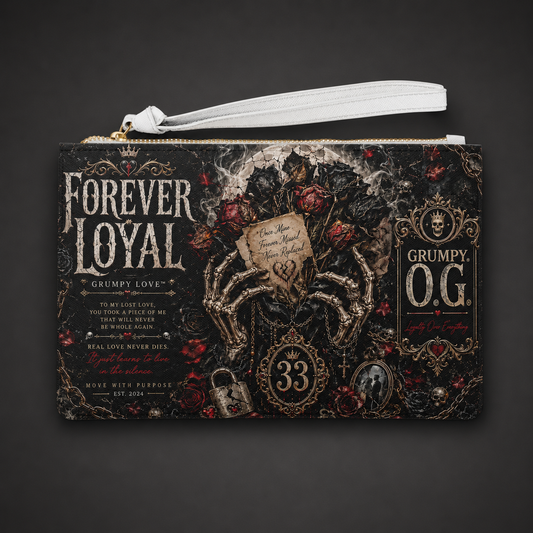 Forever Loyal™ Clutch featuring a dark romantic Grumpy Love™ design with skeleton hands, roses, gold accents and 33 dedication details.