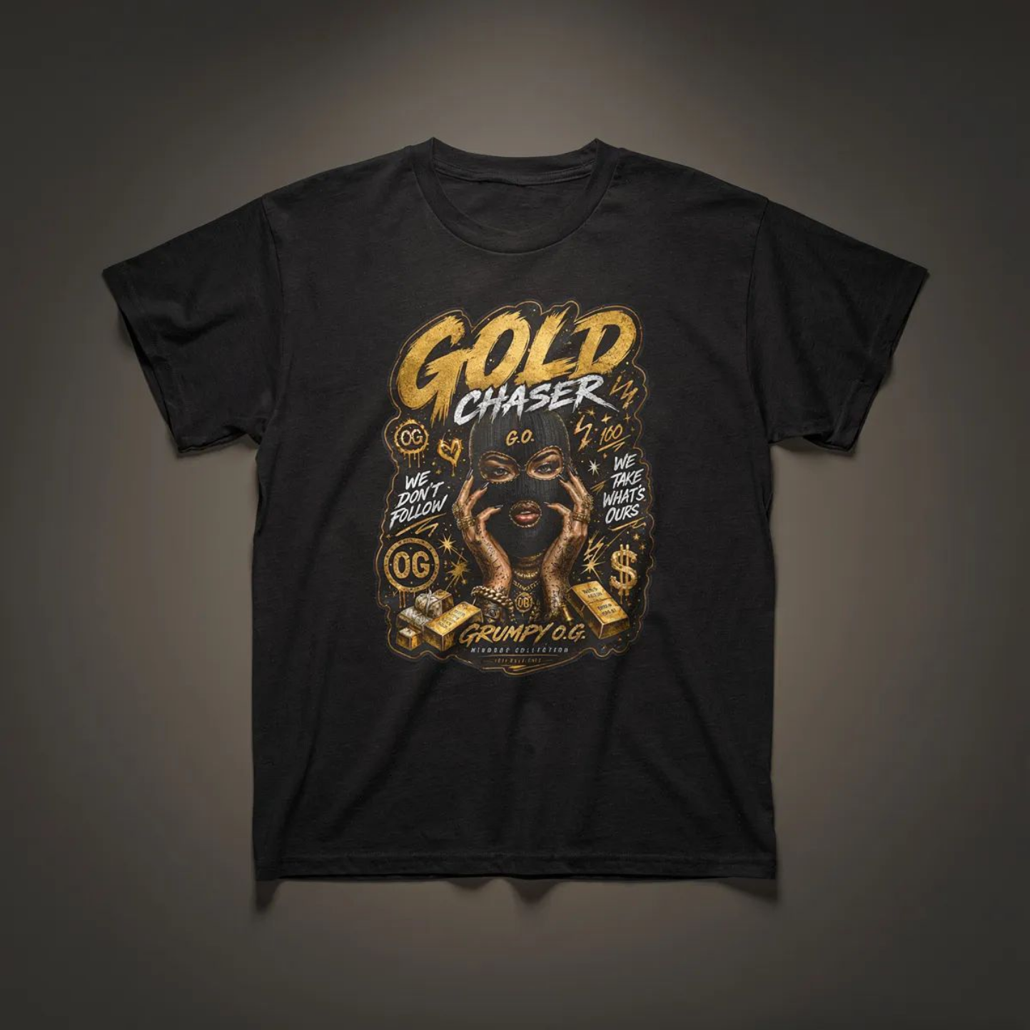 Gold Chaser™ Tee featuring bold gold typography, a detailed bear illustration, Grumpy O.G. branding, money-inspired graphics, and motivational streetwear artwork printed on a black T-shirt.