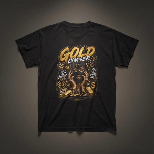 Gold Chaser™ Tee featuring bold gold typography, a detailed bear illustration, Grumpy O.G. branding, money-inspired graphics, and motivational streetwear artwork printed on a black T-shirt.