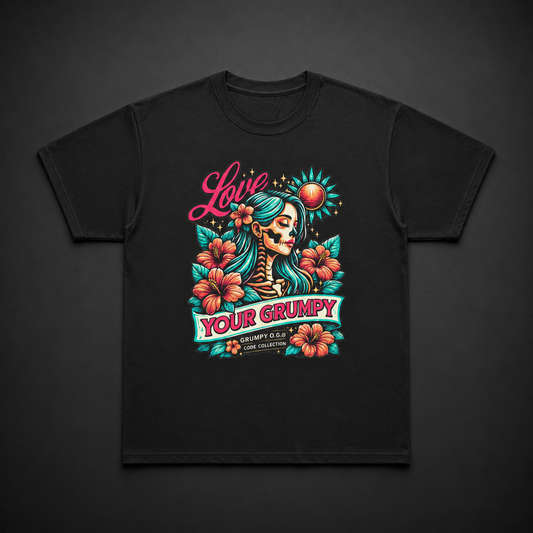 Black Grumpy Bloom™ Tee featuring a bold sugar-skull woman graphic with teal hair, pink flowers and colorful self-love streetwear artwork on the front.