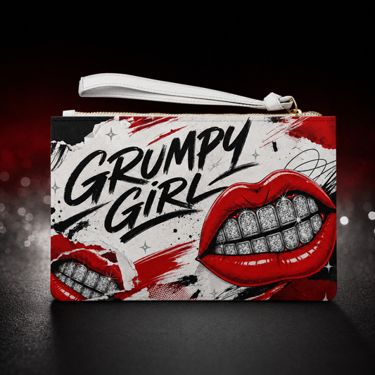 Grumpy Girl Love Lips clutch bag with black brush lettering, red lips, diamond grill artwork, and red distressed graphic details.