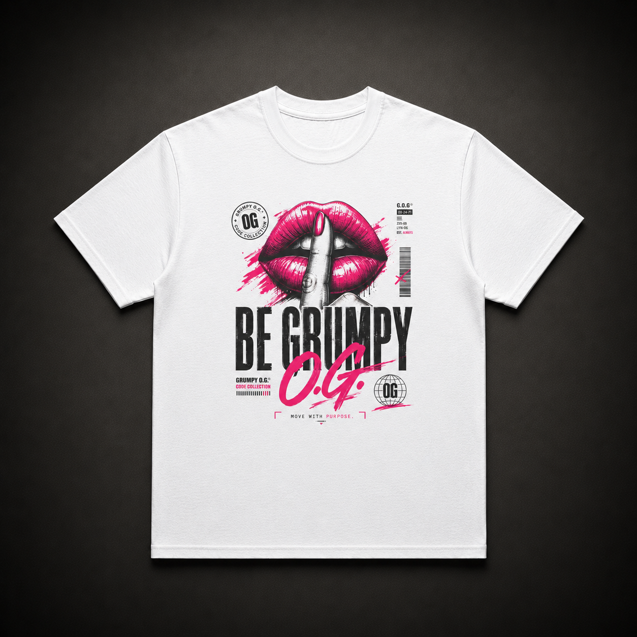 White Hush Energy™ Tee featuring a bold pink lips graphic with barcode details, black accents and feminine streetwear artwork on the front.