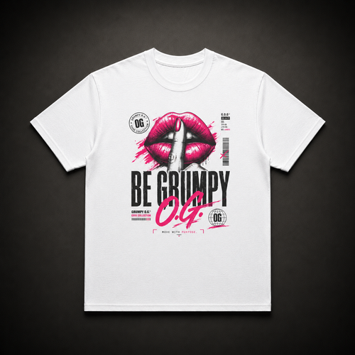 White Hush Energy™ Tee featuring a bold pink lips graphic with barcode details, black accents and feminine streetwear artwork on the front.