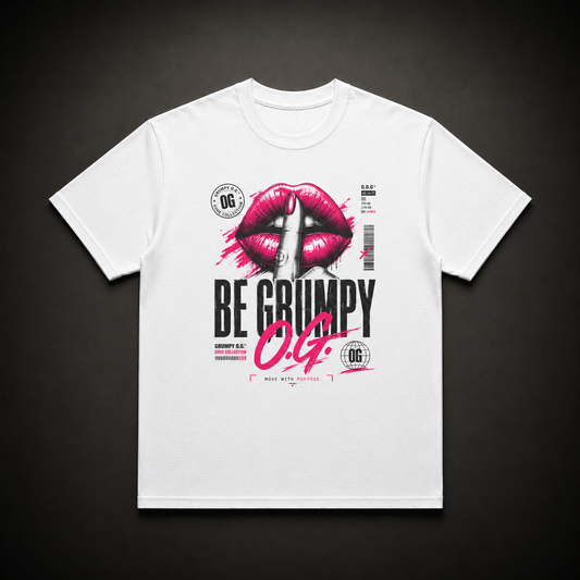 White Hush Energy™ Tee featuring a bold pink lips graphic with barcode details, black accents and feminine streetwear artwork on the front.