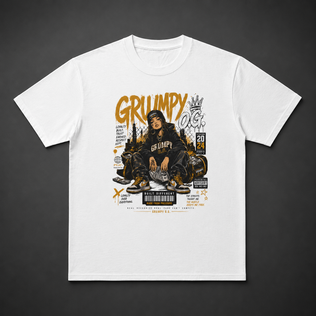 White Hustle Queen™ Tee featuring a bold women’s empowerment graphic with gold accents, confident streetwear styling and motivational artwork on the front.