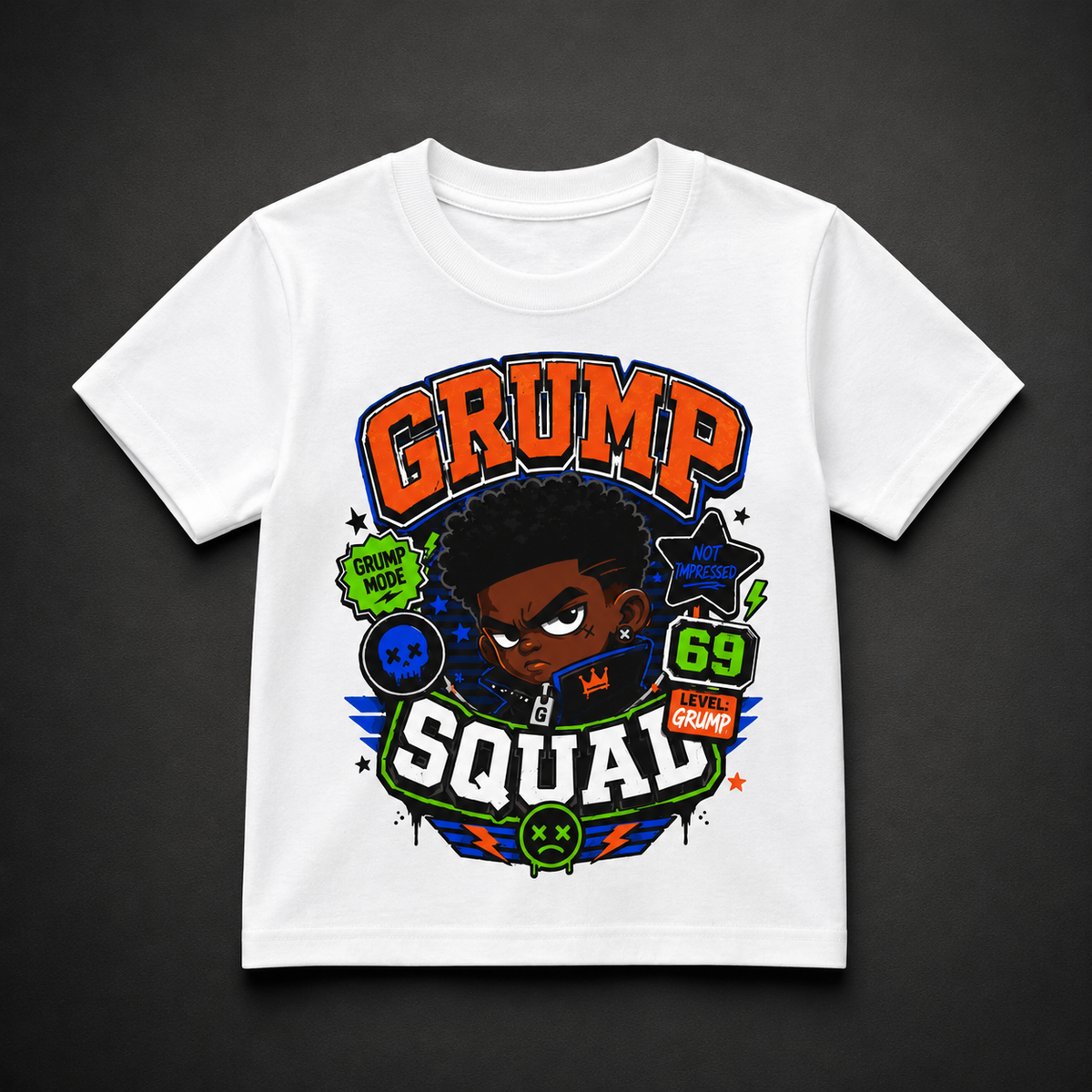 White Kairo The Silent Grump kids T-shirt featuring the Grump Squad tactical leader with orange, blue and neon-green character graphics.