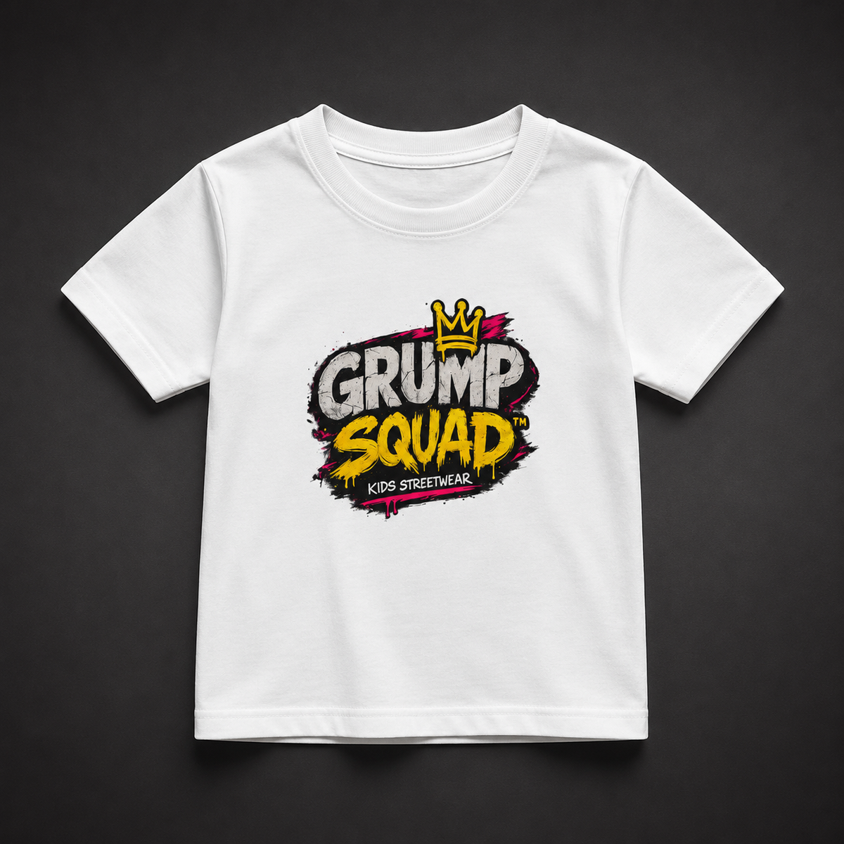 White Lil O.G.™ Tee featuring the colorful Grump Squad™ graffiti logo with a grumpy character, crown, stars and street-art graphics on the front.