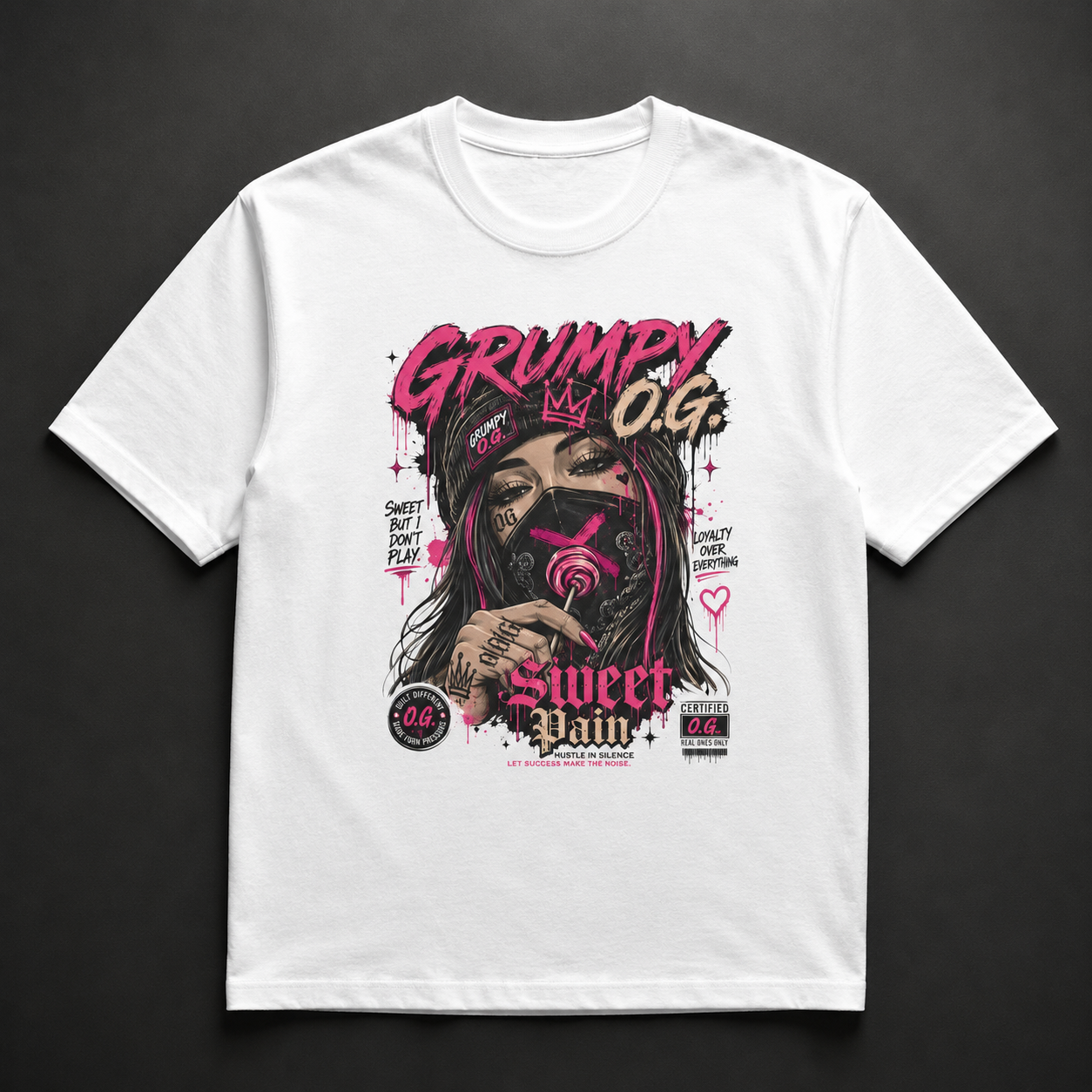 White Miami After Dark™ Tee featuring bold pink, teal, black and cream nightlife artwork with Miami-inspired energy and women’s streetwear styling on the front.