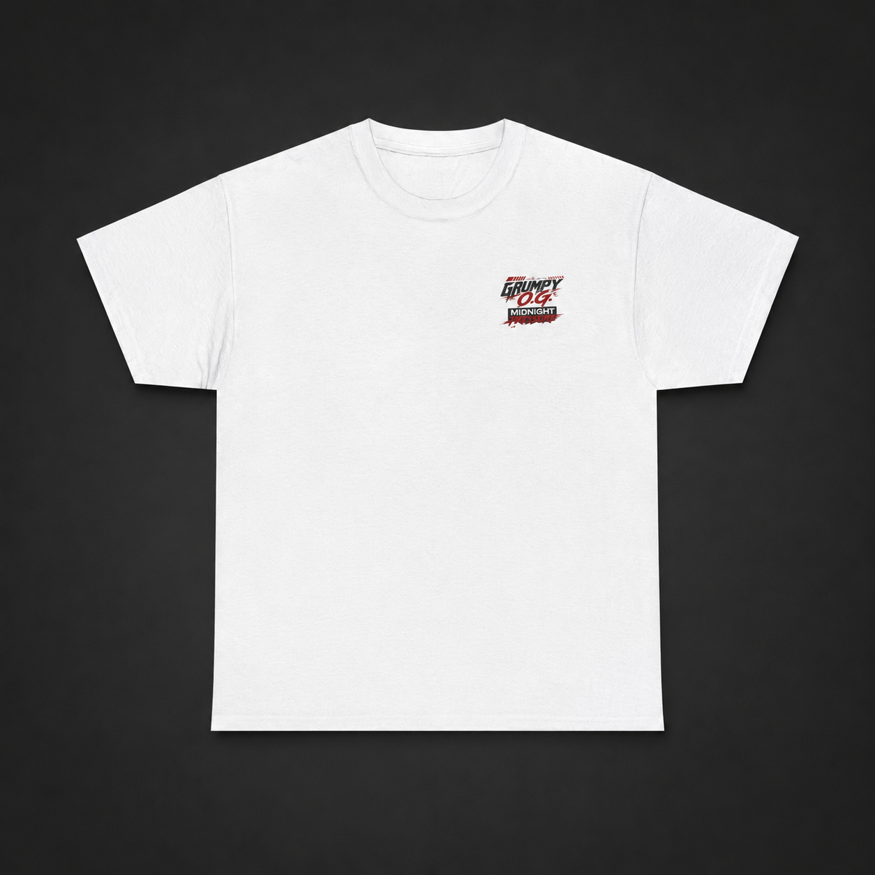 White Midnight Pressure™ Tee by Grumpy O.G.® with small left-chest graphic and large red, black, and white racing-inspired back print.