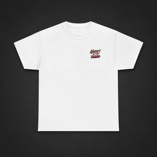 White Midnight Pressure™ Tee by Grumpy O.G.® with small left-chest graphic and large red, black, and white racing-inspired back print.
