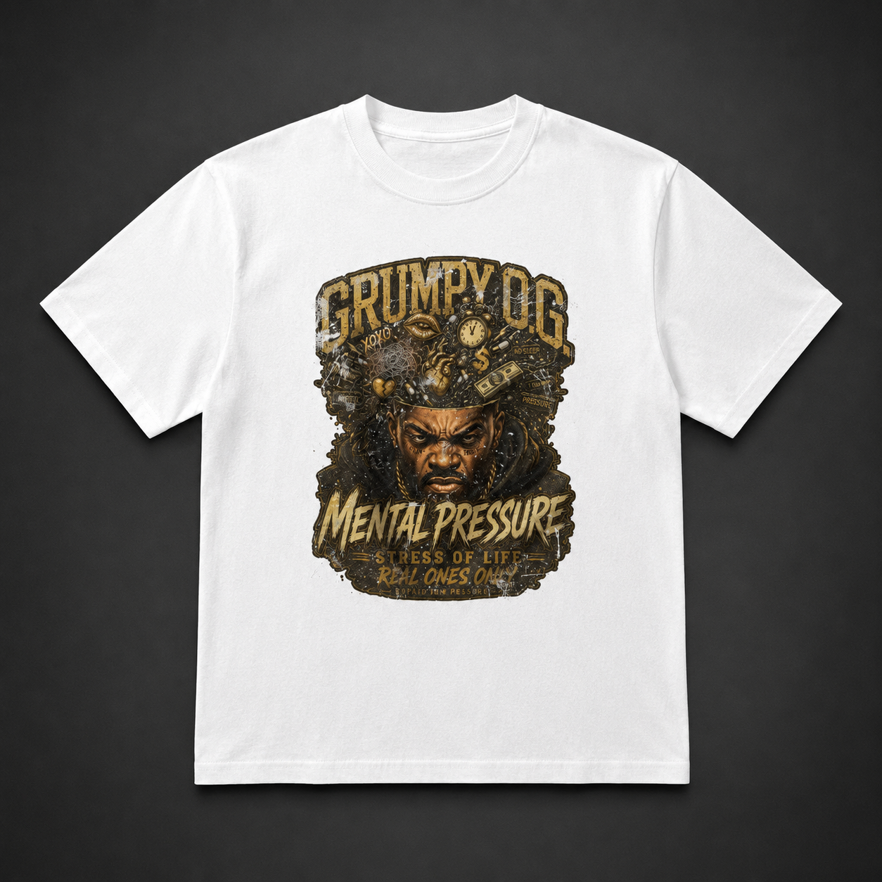 White Mind Under Pressure™ Tee featuring bold mental-strength typography with black and antique gold details, resilience messaging and premium streetwear artwork on the front.