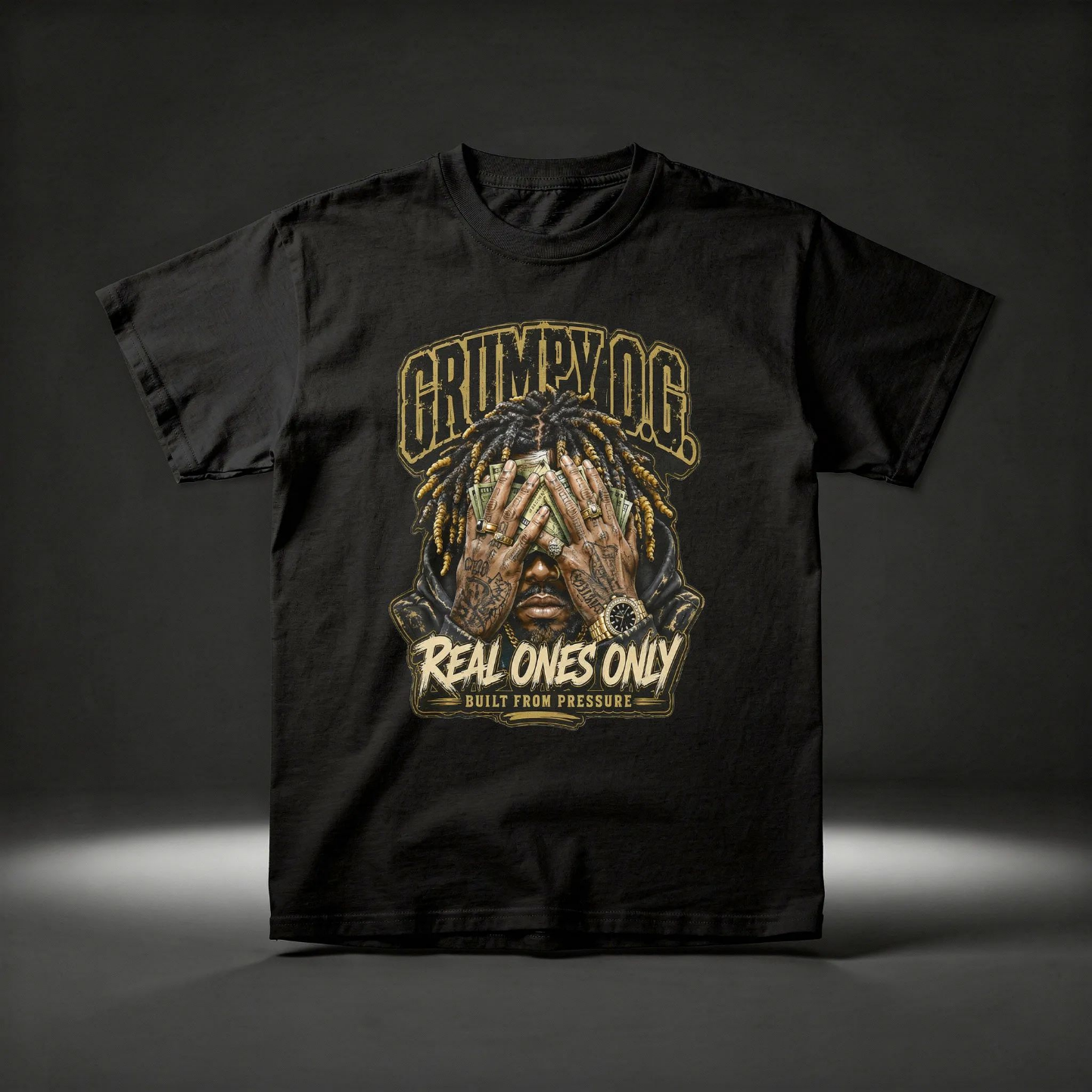 Black Money Vision™ Tee featuring bold gold money-themed artwork, hustle-driven messaging and premium streetwear details on the front.