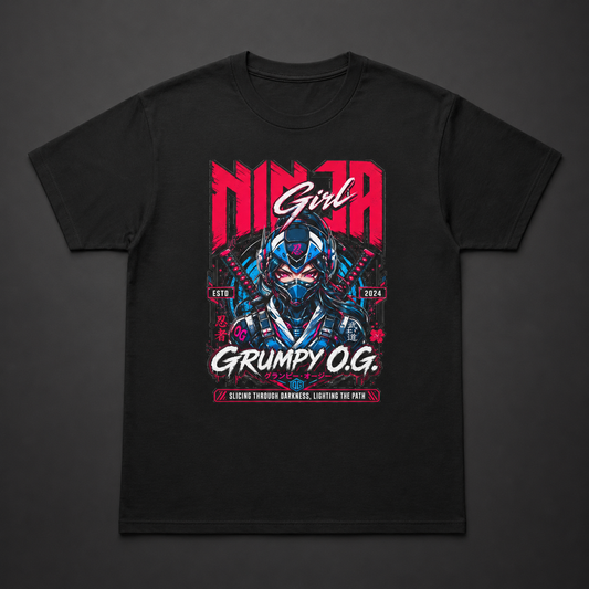 Black Neon Ninja™ Tee featuring an anime-inspired female ninja graphic with hot pink lettering, electric blue accents and bold streetwear artwork on the front.