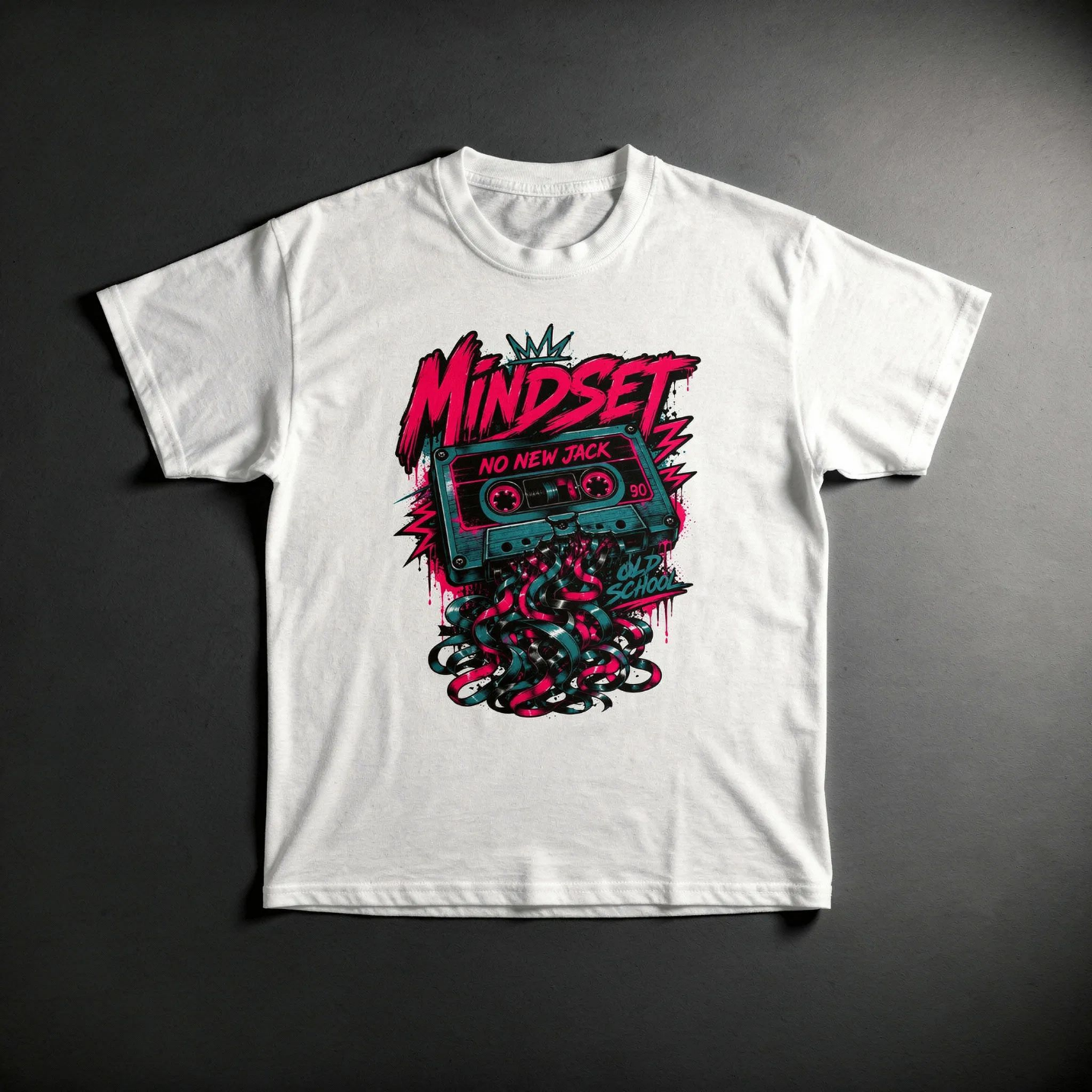 White No New Jack™ Tee featuring bold old-school cassette and hip-hop inspired artwork with hot pink, teal and black streetwear details on the front.
