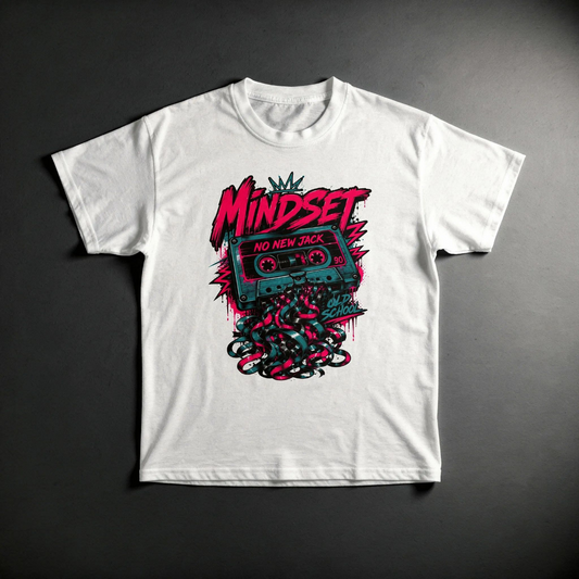 White No New Jack™ Tee featuring bold old-school cassette and hip-hop inspired artwork with hot pink, teal and black streetwear details on the front.