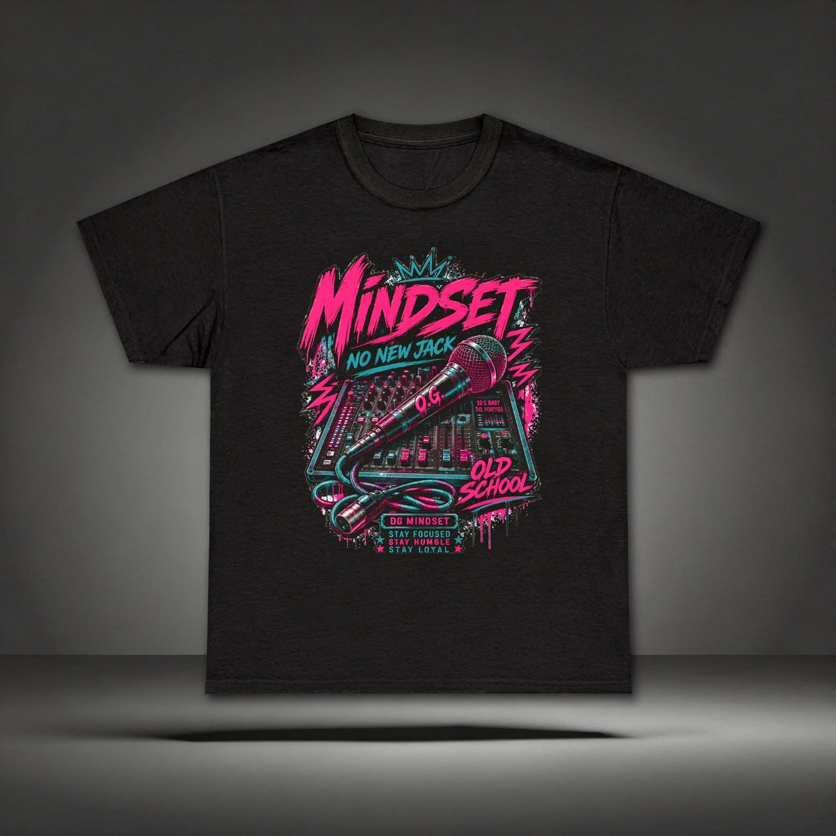 Black OG Mindset™ Tee featuring bold retro graffiti lettering with teal and hot pink highlights, old-school audio elements and premium streetwear artwork on the front.
