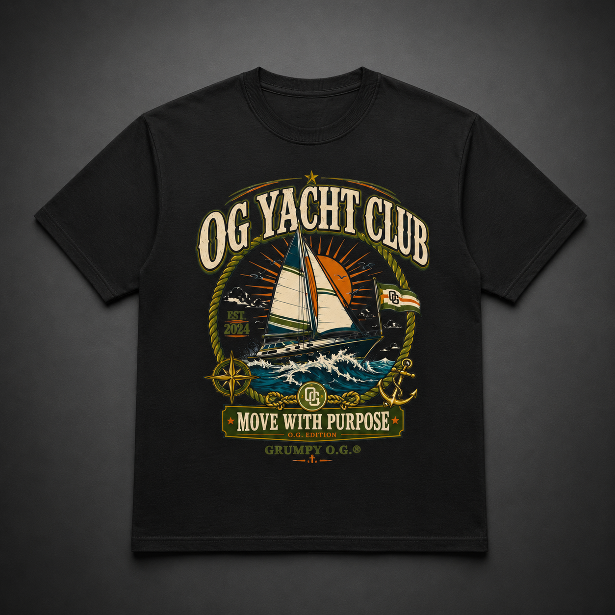 Black Grumpy O.G. OG Yacht Club T-shirt featuring a sailboat on ocean waves surrounded by rope, a compass, an anchor and nautical flag details.