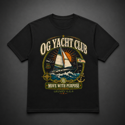 Black Grumpy O.G. OG Yacht Club T-shirt featuring a sailboat on ocean waves surrounded by rope, a compass, an anchor and nautical flag details.
