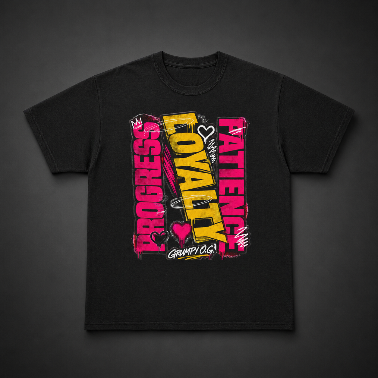 Black Patient Progress™ Tee featuring bold pink and yellow typography about progress, patience and loyalty with high-impact streetwear artwork on the front.